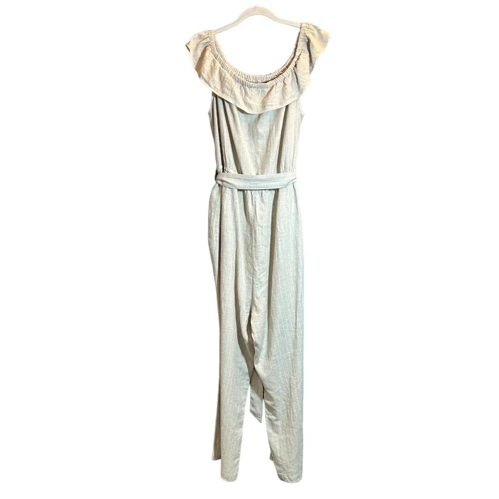 Universal Thread Stripe Linen Off Shoulder Jumpsuit in Tan/White - Size L